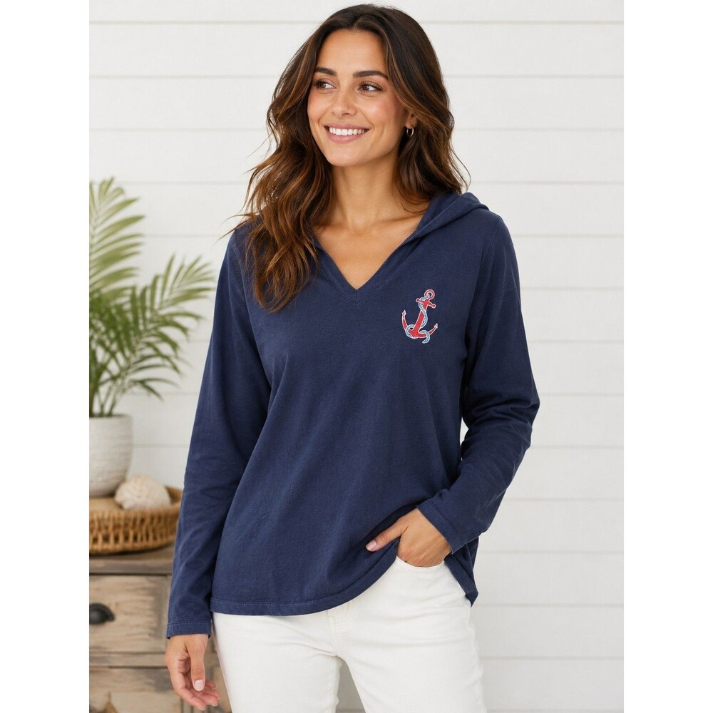 Palm Harbour Navy Blue Anchor Hoodie Women's Long Sleeve Coastal Pullover Top XL